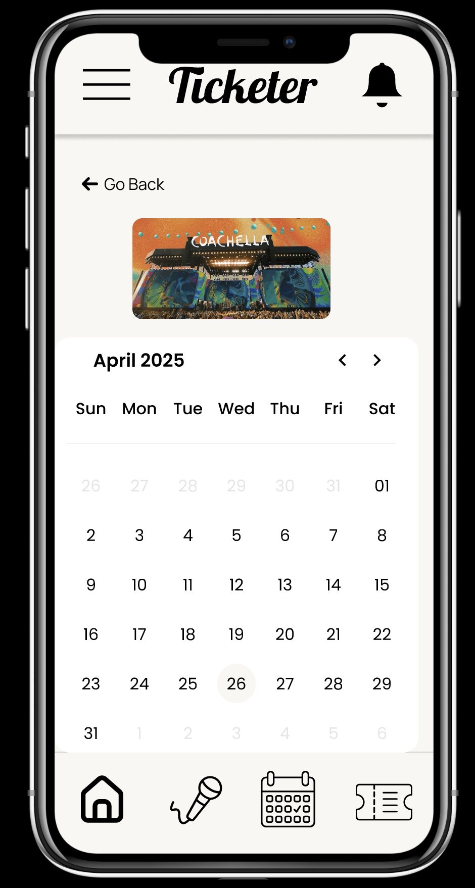 Ticketer event calendar screen