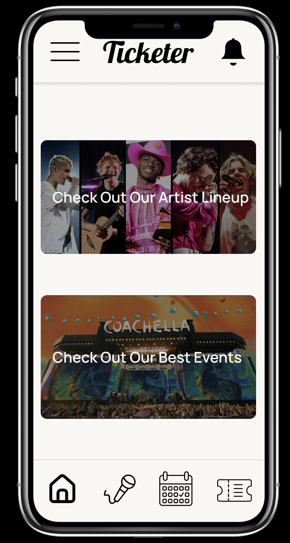 Ticketer mobile home screen