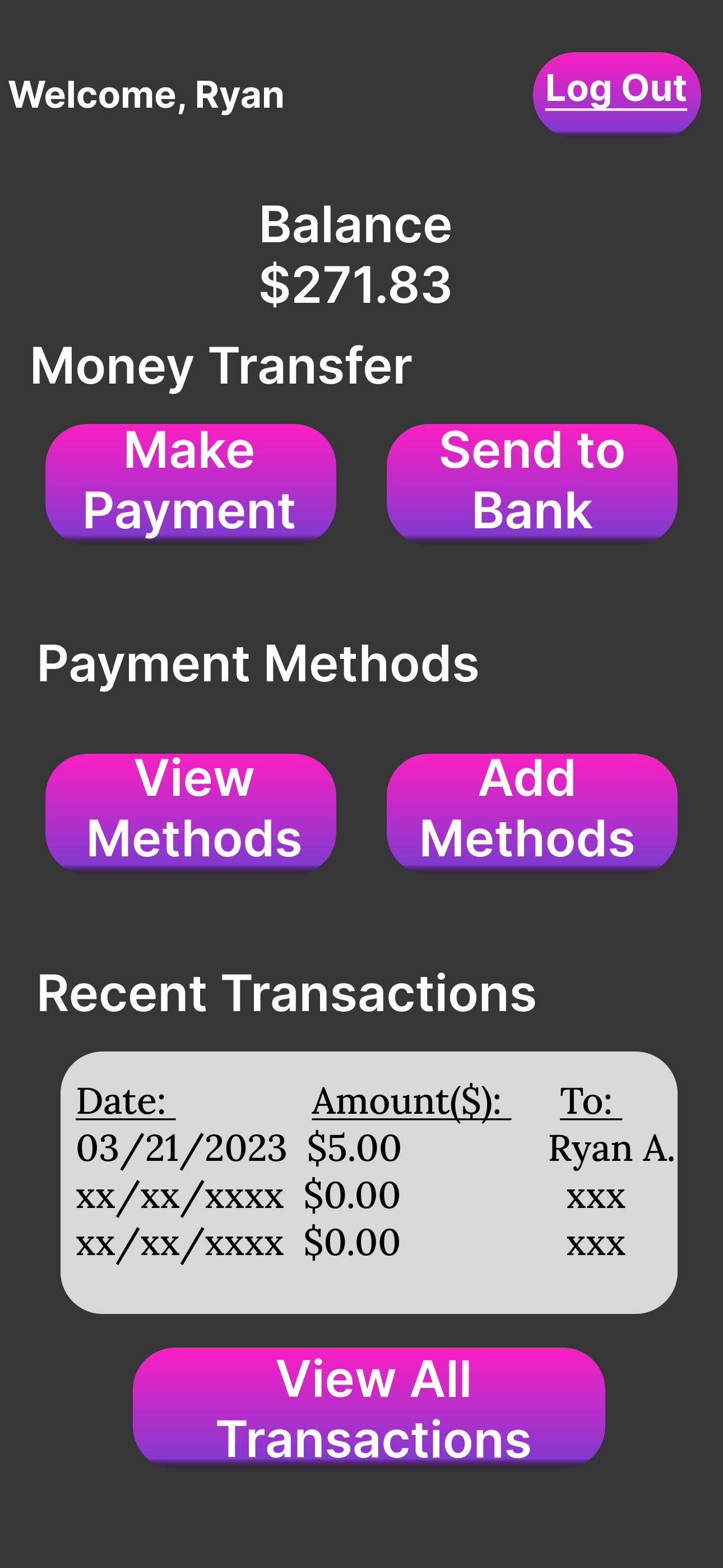 Transactify mobile payment dashboard