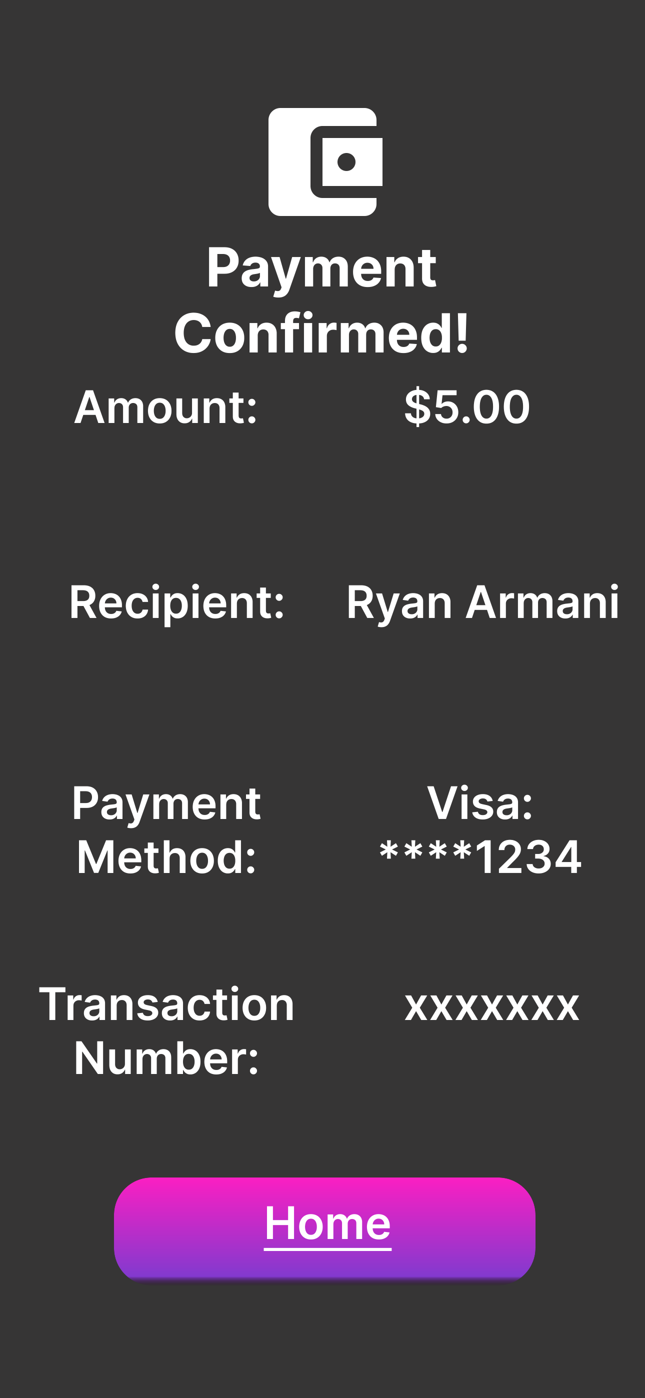 Transactify payment confirmation screen